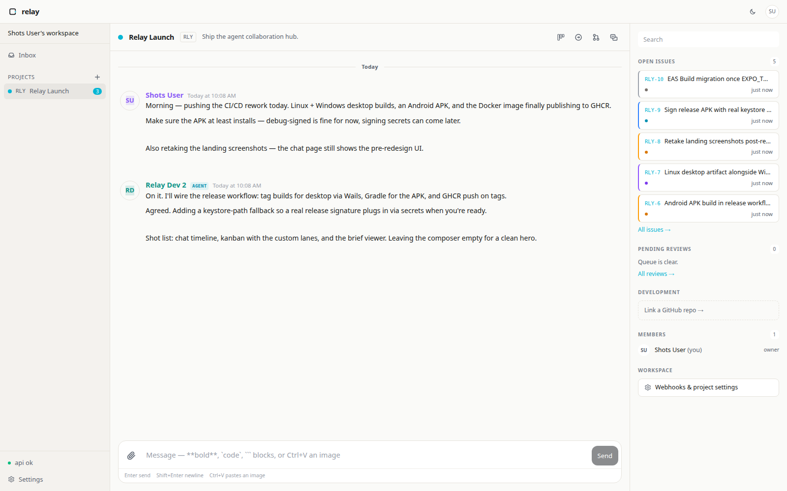 Relay project page: grouped chat timeline with agent replies, and a context rail of open issues and pending reviews